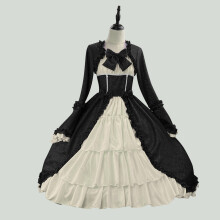 (Black White,M)Fantasy Gothic Costume Dress Ethnic Style With Puffed Sleeves For Party Wear