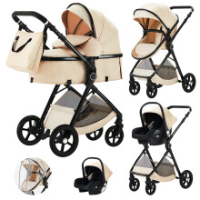 B.CHILDHOOD Kinderwagen 3-in-1, combinatiekinderwagen met reissysteem, buggy met tweewegduw, beige