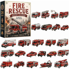 Adventskalender Brandweer 2026, 24 dagen aftellen naar Kerstmis met ontwerpen van brandweerwagens en andere voertuigen.