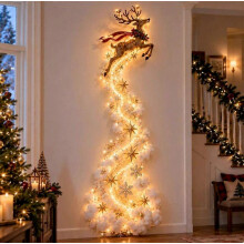 Lighted Christmas Reindeer Waterfall Wall Decor, Flying Deer with Warm LED String Lights Snow Star Ornaments, Rustic Holiday Wall for Indoor
