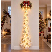 Lighted Christmas Reindeer Waterfall Wall Decor, Flying Deer with Warm LED String Lights Snow Star Ornaments, Rustic Holiday Wall for Indoor