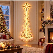 Lighted Christmas Reindeer Waterfall Wall Decor, Flying Deer with Warm LED String Lights Snow Star Ornaments, Rustic Holiday Wall for Indoor
