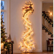 Lighted Christmas Reindeer Waterfall Wall Decor, Flying Deer with Warm LED String Lights Snow Star Ornaments, Rustic Holiday Wall for Indoor