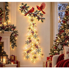 Lighted Christmas Reindeer Waterfall Wall Decor, Flying Deer with Warm LED String Lights Snow Star Ornaments, Rustic Holiday Wall for Indoor