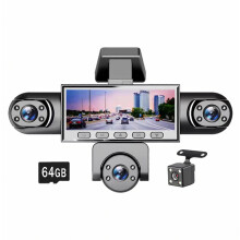 360 graden dashcam met 5 lenzen, 1080p resolutie, inclusief 64GB geheugenkaart en HD-scherm. Geschikt voor auto's, vrachtwagens en rideshare-chauffeur