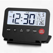 Compacte reiswekker met snooze-functie, draagbare digitale timer, 12/24-uurs weergave en kalenderfunctie.