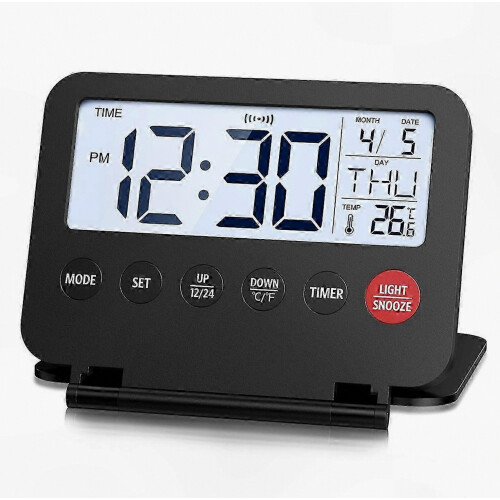 Compact Travel Alarm Clock with Snooze, Portable Digital Timer, 12/24H Display, Calendar Function
