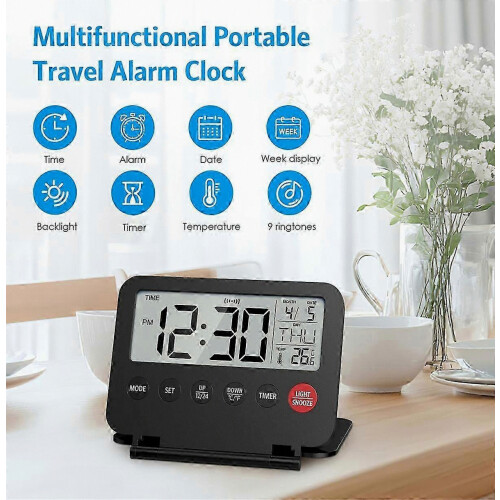 Compact Travel Alarm Clock with Snooze, Portable Digital Timer, 12/24H Display, Calendar Function 1