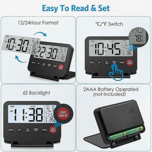 Compact Travel Alarm Clock with Snooze, Portable Digital Timer, 12/24H Display, Calendar Function 2