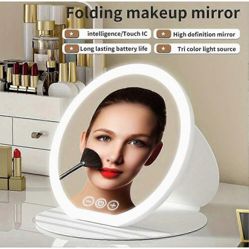 Dimmable Touch Screen Makeup Mirror Compact Folding Vanity Mirror with Light Makeup Accessories 2