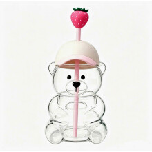 Cute Bear Borosilicate Glass Tumbler Baseball Cap Lid Straw Reusable Iced Coffee Cup Gift For Women Office School Use