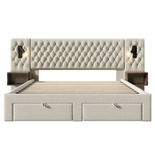 KOMHTOM gestoffeerd bed, 160*200 cm, beige, met 2 nachtkastjes, 4 lades en USB-leeslamp