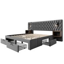 KOMHTOM stoffen bed, grijs, 160*200 cm, met 2 nachtkastjes, 4 lades en leeslamp met USB-oplaadfunctie