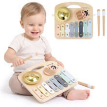 Houten muziektableau - Mamabrum - MAM372 Bord - Metallofon 8 staven - Metalen cymbaal - Houten guiro
