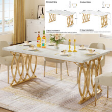 Tribesigns eetkamertafel, rechthoekig, 160 cm, wit met goud, faux marmer met metalen poten