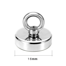 Aimant de pêche en néodyme D16 Pull Max 5kg, robuste avec œillet et trou fraisé, argent