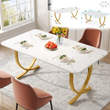 Tribesigns eethafel, 160x80 cm, wit met goudkleurige halve maan poten, modern voor 4 tot 6 personen
