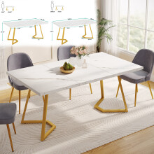Tribesigns eettafel, rechthoekig, wit met goud, kunstmarmer blad, 160x80 cm, 4 tot 6 personen