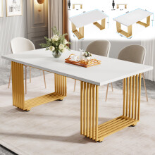 Tribesigns rechthoekige eettafel, wit en goud, kunstmarmer blad, 160x80 cm, voor 4 tot 6 personen