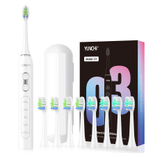 YUNCHi Brosse à dents électrique sonique, 5 modes, 44000 VPM, étanche IPX7, Blanc, avec 8 têtes et étui