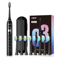 YUNCHi Brosse à dents électrique sonique Noir, 5 modes, 44000 VPM, étanche IPX7, rechargeable USB avec 8 têtes et étui