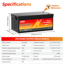 MOSEWORTH oplaadbare lithium ijzerfosfaat batterij, 24V 200Ah, met BMS voor campingauto en boot