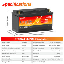 MOSEWORTH oplaadbare lithium ijzer fosfaat batterij, 12V 140Ah BT, met BMS voor campers en off-grid toepassingen