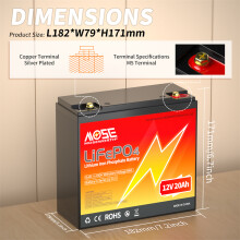 MOSEWORTH lithium ijzerfosfaat batterij, 12V 20Ah, met BMS voor campingcar en boot