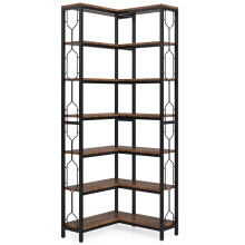 Tribesigns hoekkast met 7 rekken, modern design met metalen frame en houten planken, bruin