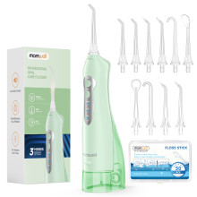 Mornwell D52 Wasserflosser, tragbare Munddusche, 300-ml-Tank, 6 Düsen, wasserdicht, grün, 2er-Set