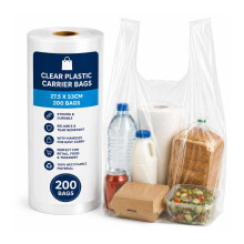 Clear Plastic Carrier Bag Roll with Handles - 27.5 x 53cm (200 Bags) - Strong Shopping Bags for Retail, Food & Takeaway