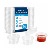 Plastic Sauce Pots - 1oz Clear (50 Pack) - Hinged Lid Containers, Reusable Dip Pots for Sauces & Takeaway