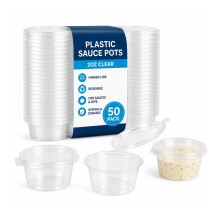 Plastic Sauce Pots - 2oz Clear (50 Pack) - Hinged Lid Containers, Reusable Dip Pots for Sauces & Takeaway