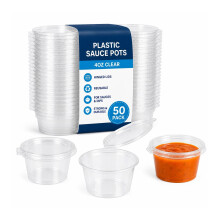 Plastic Sauce Pots - 4oz Clear (50 Pack) - Hinged Lid Containers, Reusable Dip Pots for Sauces & Takeaway