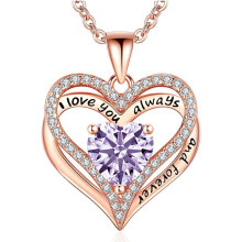 (June【Light Purple Diamond】, Gold color) New Arrival S925 Sterling Silver Double Layer Eternal Heart Necklace, Fashion Versatile Pendant for Women