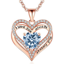 (March【Light Blue Diamond】, Rose gold) New Arrival S925 Sterling Silver Double Layer Eternal Heart Necklace, Fashion Versatile Pendant for Women