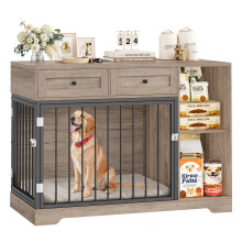 Getone Hundekäfig, XXL Hundebox mit 2-Wege-Tür, 2 Schubladen und 2 Fächern, 120x60x87cm, Ash Grey