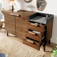 Ladekast, 120x40x77 cm, eiken decor met marmeroptiek, 3 lades en dubbele deur, massief houten poten