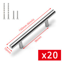 KAK Küchengriffe, 20er-Set T-Bar Möbelgriffe, Silber, Edelstahl, 96mm Lochabstand