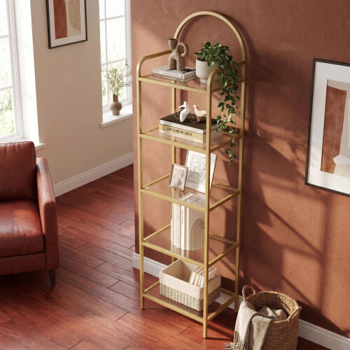5 Tier Bookcase Bookshelf, Tempered Glass, Metal Frame
