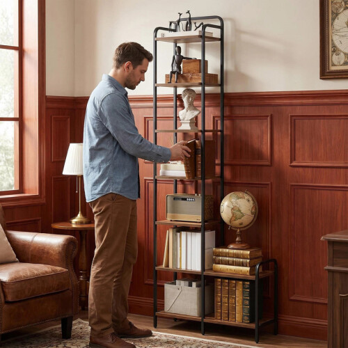 7-Tier Bookcase Bookshelf, Narrow Tall Bookcase, Industrial
