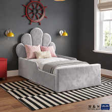 (2ft6" Small Single(with Gaslift), Steel(No Mattress)) Luxury Velvet Kids Double Bed Frame Seashell 54” Headboard Mattress Gas Lift Storage Bed
