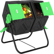 Outsunny compostador giratório de 130L, dupla câmara, aberturas de ventilação, pés de aço, 67x60x77 cm, preto