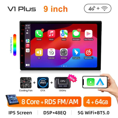 Junsun Autoradio, V1 Plus (4GB 64GB), Android 14, 4G, Apple CarPlay & Android Auto, IPS Touchscreen