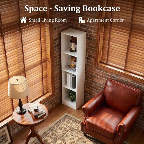 Bookcase, Tall Narrow Bookshelf with Open Storage Shelf, 4-Tier