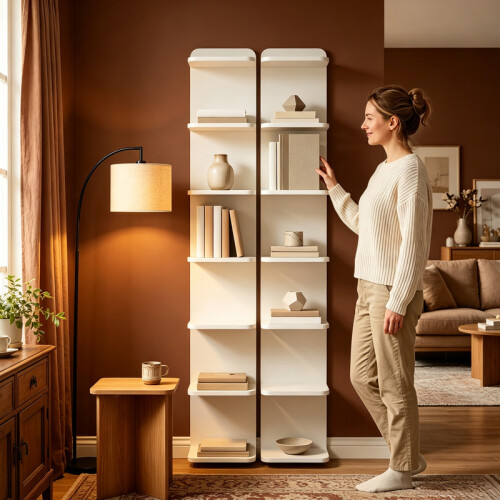 7 Tier Bookcase, Floating Bookshelf for Wall Mounted, White, 2PC 1