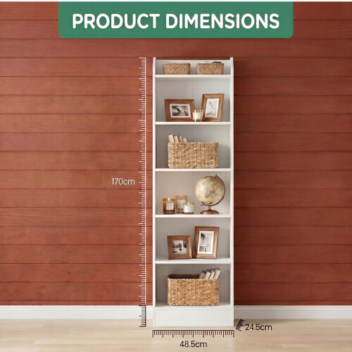 Bookcase, 6-Tier Narrow Tall Bookshelf with Adjustable Shelf White 1
