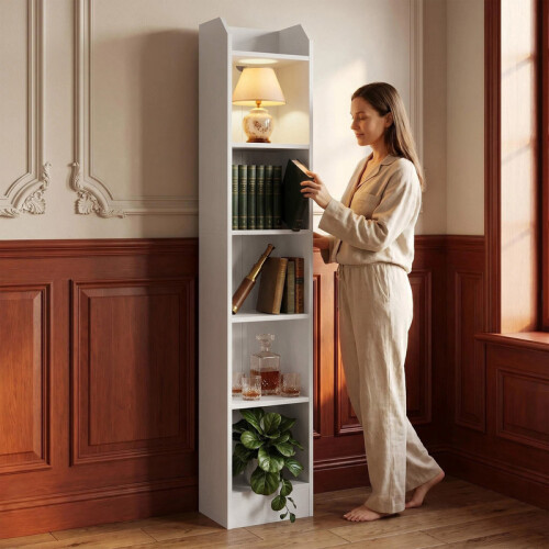 Bookcase, 6-Tier Narrow Tall Bookshelf with Adjustable Shelf White 1