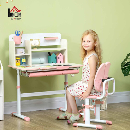 HOMCOM conjunto de mesa e cadeira de estudo infantil, rosa e branco, com 1 gaveta, ajustável 1