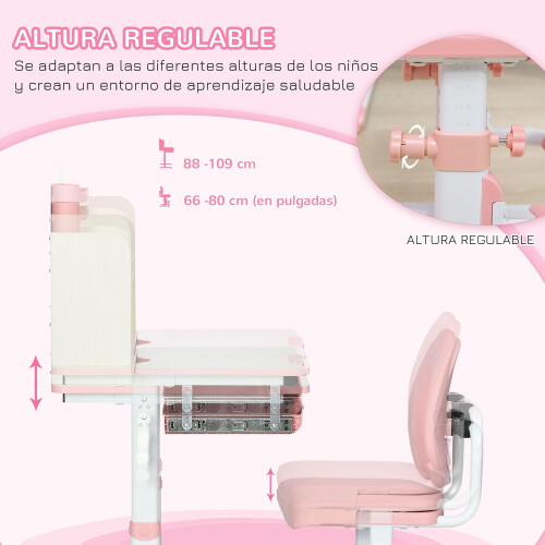 HOMCOM conjunto de mesa e cadeira de estudo infantil, rosa e branco, com 1 gaveta, ajustável 2